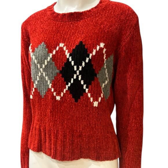 Vintage 90s Red Argyle Chenille Sweater Cozy Retro Knit Pullover / l Medium - - Picture 2 of 4